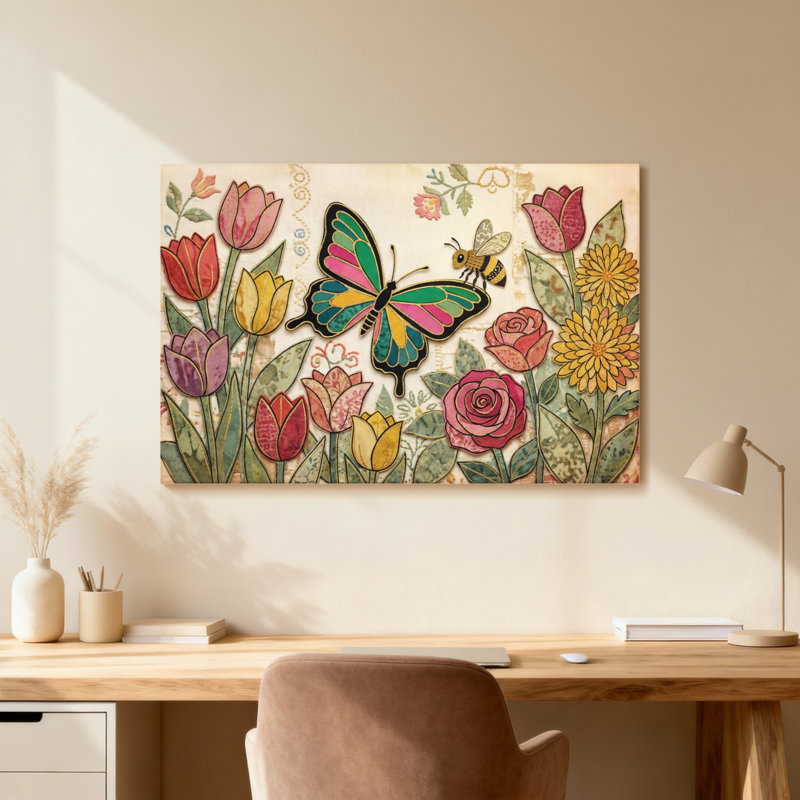 Imprimé animal à motif de papillon, abeille et tulipe rose, H 24 po x l 36 po, Toile tendue, Ne s’applique pas