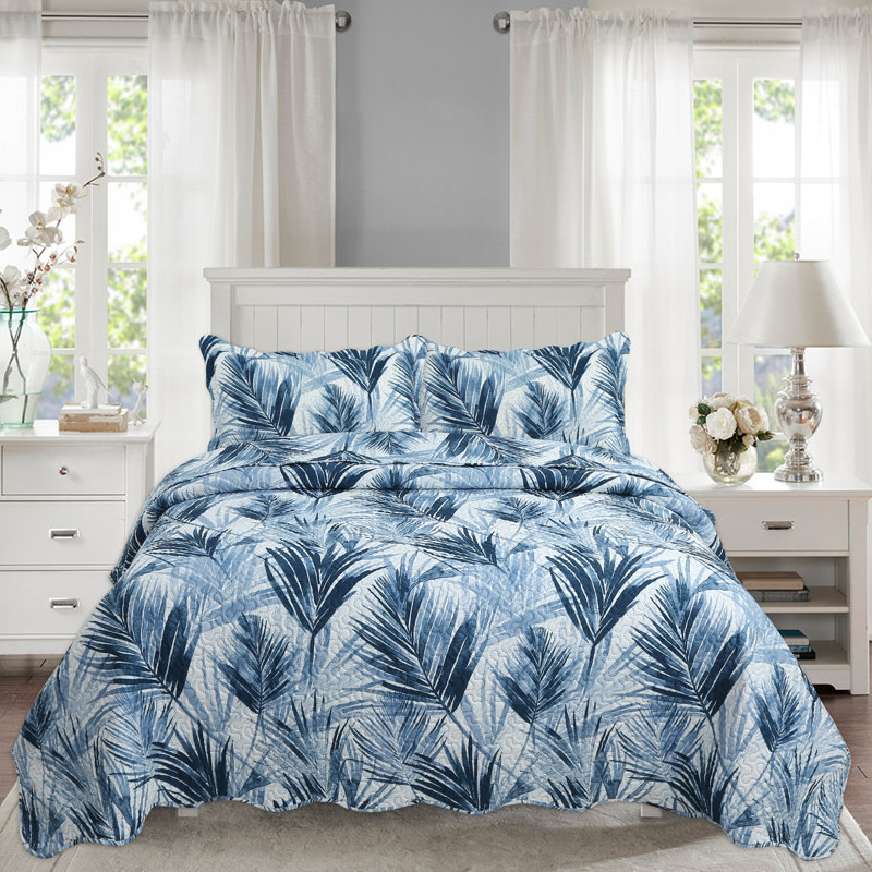 King Size Blue and Taupe Microfiber Reversible Quilt Set