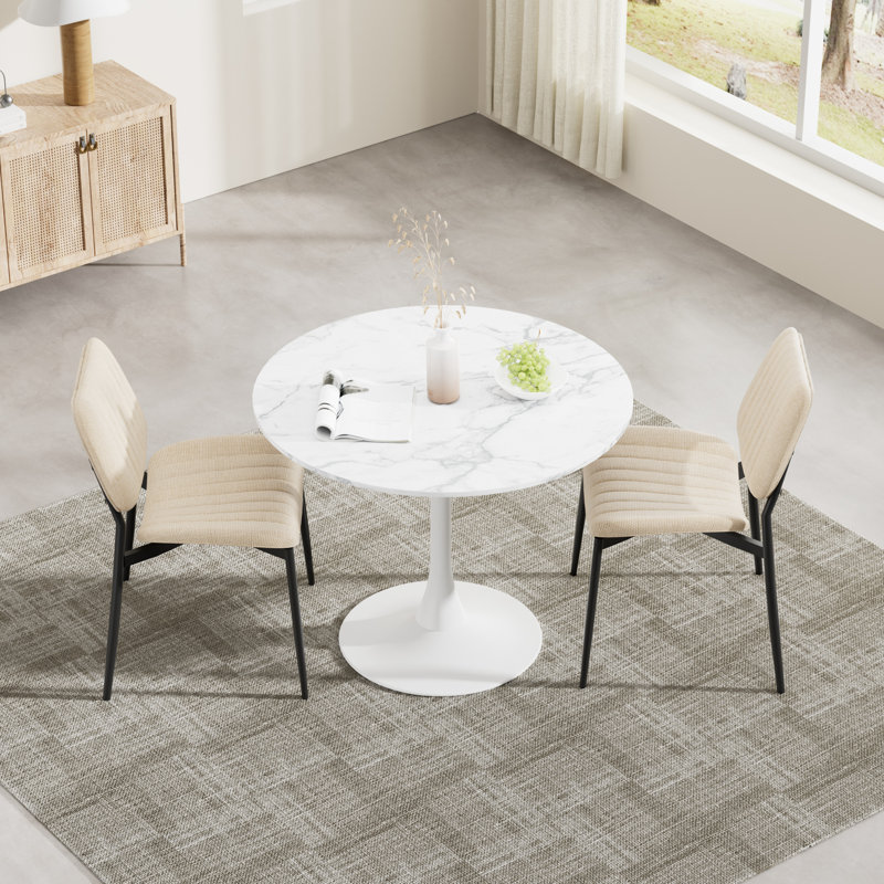 Modern Round 3 Piece Dining Room Table and Chairs Set, Beige, White