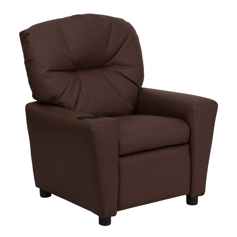 Contemporary Kids Recliner with Cup Holder, Leather - Brown