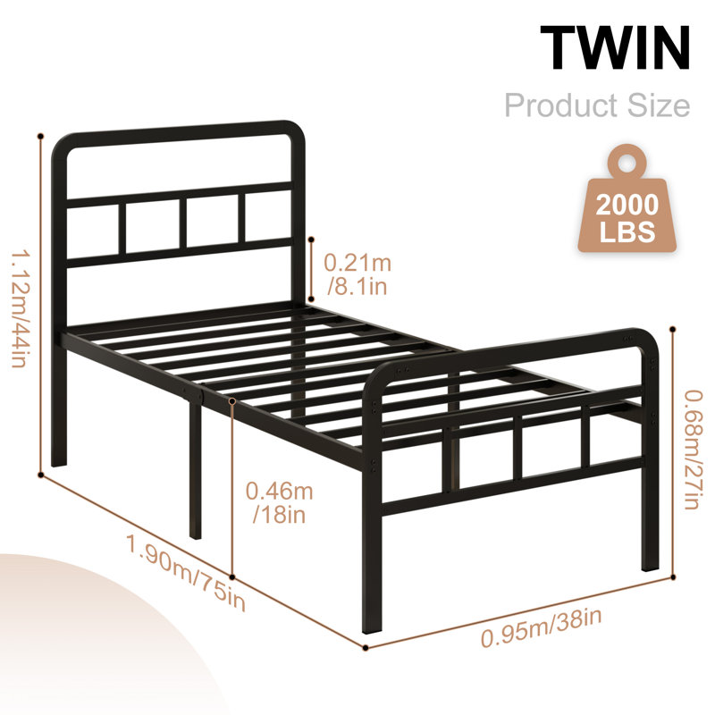 18 Inch Metal Bed Frame with Headboard and Footboard, Twin