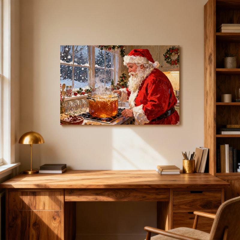 Père Noël cuisinant dans la cuisine avec un décor des Fêtes, H 12 po x l 18 po