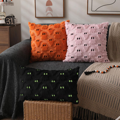 Housses de coussin d'Halloween 45x45 cm (lot de 2) - Fantôme vert - Décoration d'Halloween - Ensemble de 2 housses de coussin décoratives en fausse fourrure et laine - Idéal pour fauteuil, canapé, chambre, salon et décoration intérieure