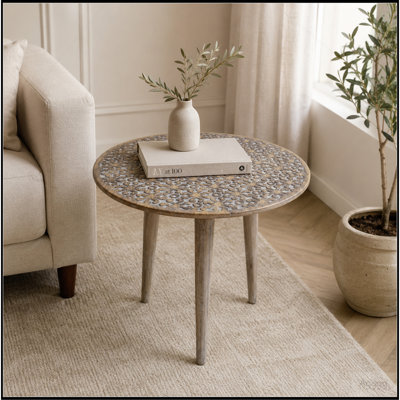 Handcrafted Mango Wood Round Accent Table Decorative Side Table with Carved Floral Pattern Top Knock Down End Table for Living Room, Bedroom & Entrywa