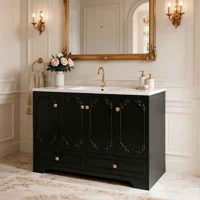 Armoire de salle de bain sculptée de style français de 48 pouces, armoire de rangement abondante avec 4 portes à fermeture douce et 2 tiroirs