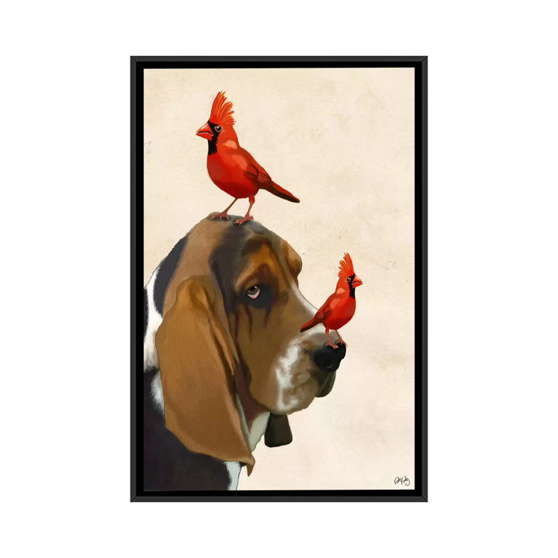 Fab Funky «Basset hound and Birds», reproduction sur toile tendue, H 26 po x l 18 po x P 1,5 po, Toile avec cadre noir