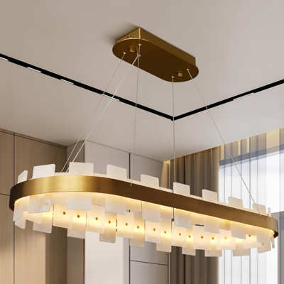 Modern 37" Rectangular Led Kitchen Island Alabaster Chandelier Ceiling Light Copper Light Fixture
