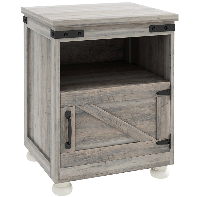 HOMCOM Small Side Table With Storage, Farmhouse End Table With Open Shelf And Cupboard, Modern Sofa Table With Wood Legs For Living Room, Gray