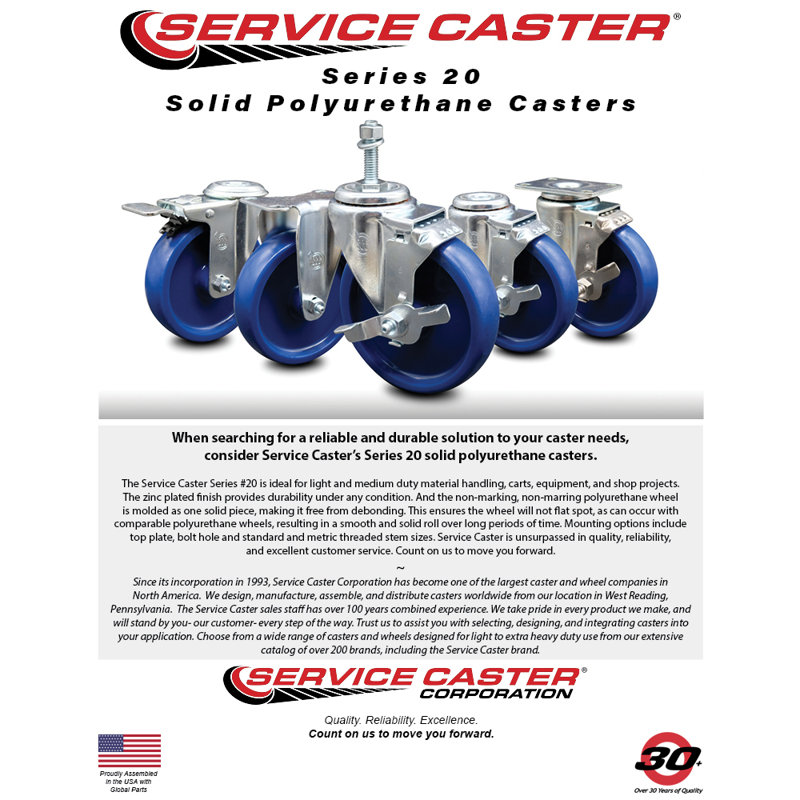 3 Inch_Solid Polyurethane ½ Inch Threaded Stem Caster Set 2 Brakes SCC