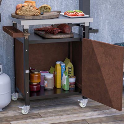 Stainless Steel Outdoor Serving Cart With Spacious Storage Compartment - Movable Bbq Wheels And Hook Versatile Bar Options Rolling 360 Rotating