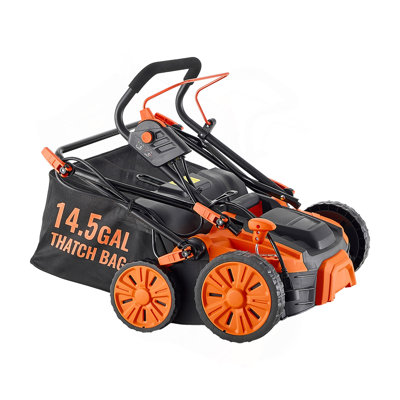 2-In-1 Electric Dethatcher And Scarifier, 16-Inch 15 Amp, Corded Lawn Dethatcher With 14.5-Gallon Thatch Collection Bag, 5-Position Depth Adjustment, Walk Behind Machine For Garden Yard Grass