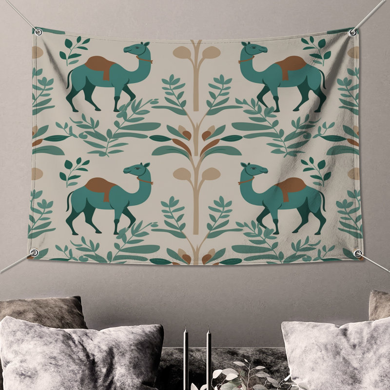 Tapisserie murale chameaux sarcelle avec feuillage - Décoration murale chameau, H 50 po x l 60 po avec 4 œillets