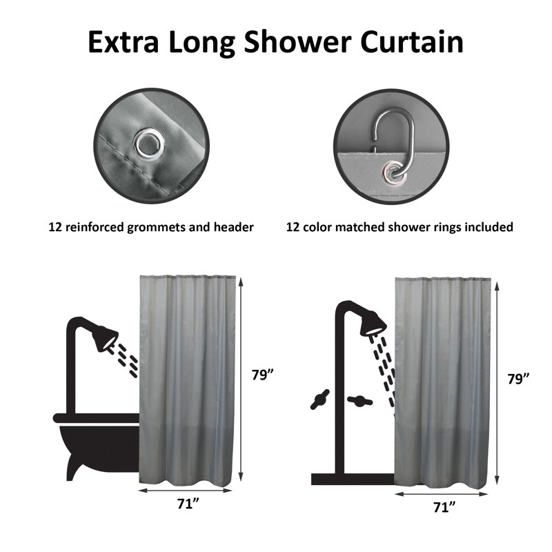 Solid Colors Extra Long Shower Curtain Polyester with Matching Hooks, Gray