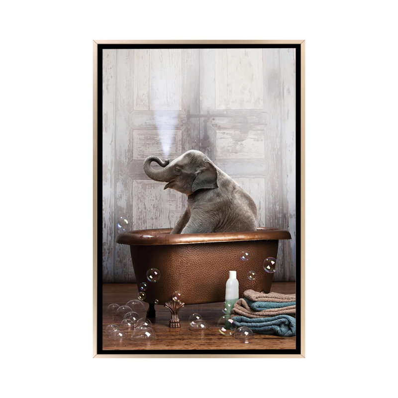 Éléphant dans la baignoire - impression d'art graphique, Pas de tapis, Toile encadrée champagne, H 60 po x l 40 po x P 1,5 po