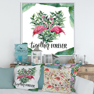 Flamant rose avec cœur et feuilles d'eucalyptus - peinture sur toile