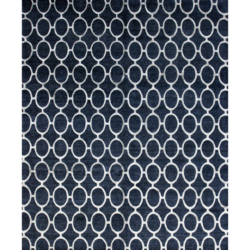 Tapis noir et argent noué à la main de haute qualité, Rectangle 8 pi 2 po x 10 pi 1 po