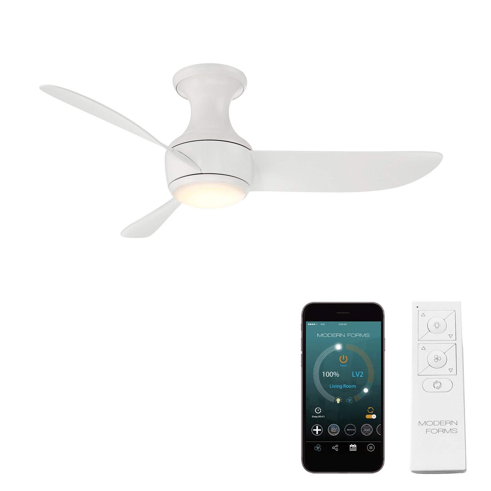Corona 3 - Blade Outdoor/Indoor Smart Flush Mount Ceiling Fan with Remote Control and Dimmable LED Light Kit Included , 44"