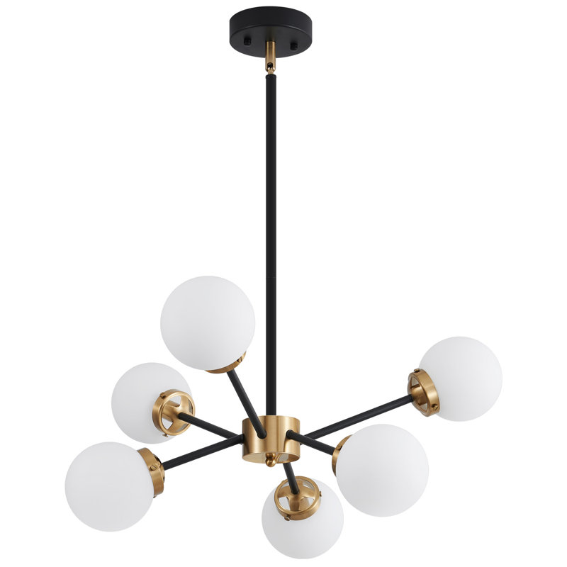 Lustre spoutnik moderne à 6 lumières avec abat-jour en verre blanc laiteux Roemer, Noir mat