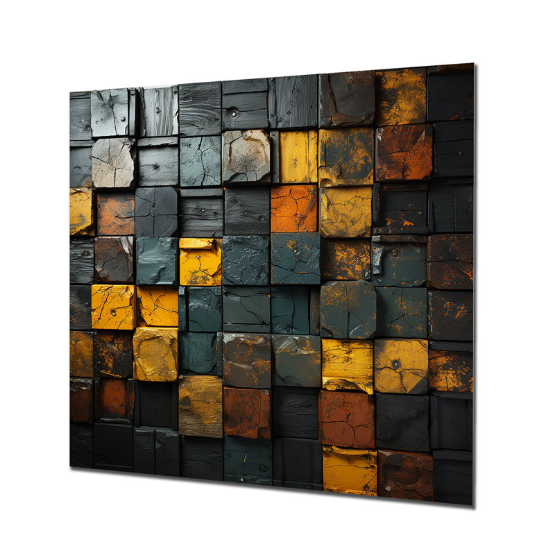 Cubes dorés abstraits géométriques I - art mural géométrique en métal, H 36 po x l 36 po