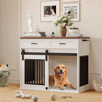 XL Wooden Dog Crate Furniture with Sliding Barn Door