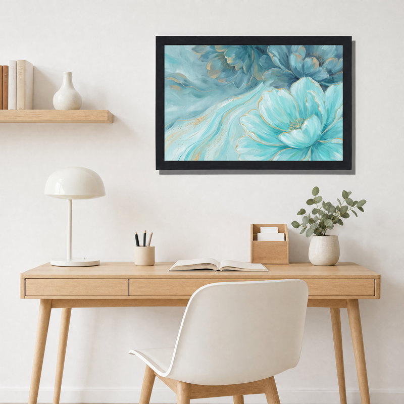 Tableau floral turquoise abstrait avec des accents dorés, 12"H x 18"W
