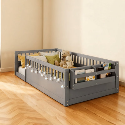 Montessori Floor Bed Frame with High Rails, Wood Kids Floor Beds with Light and Storage Shelf by Red Barrel Studio