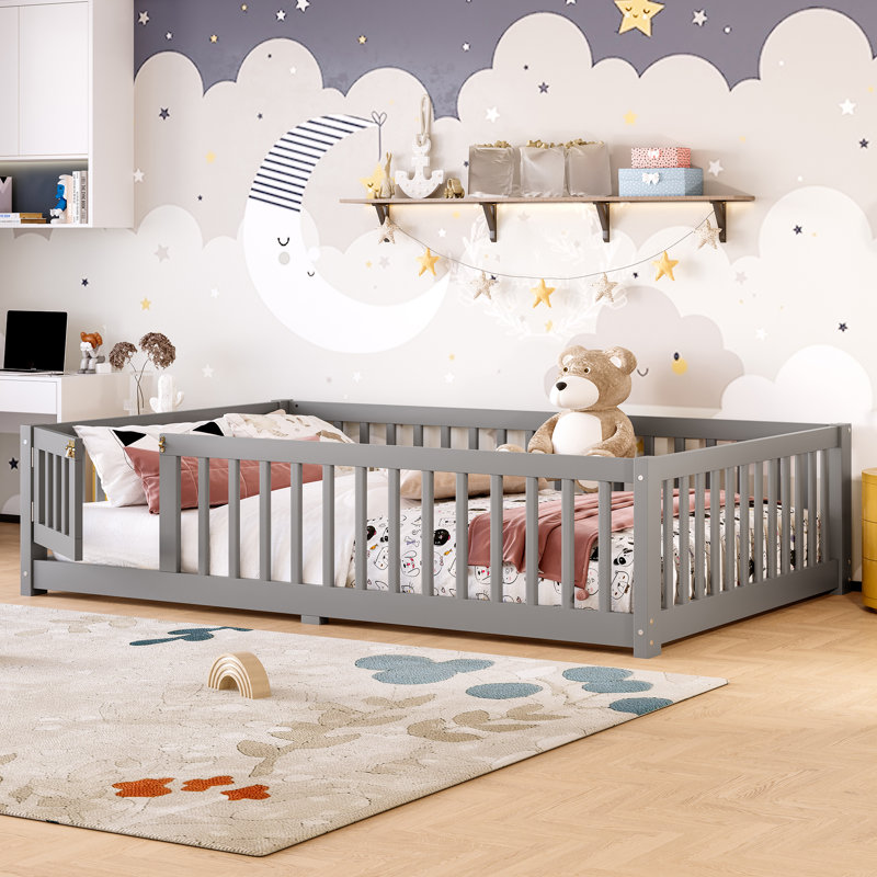 Floor Platform Bed with Fence, Grey, Full