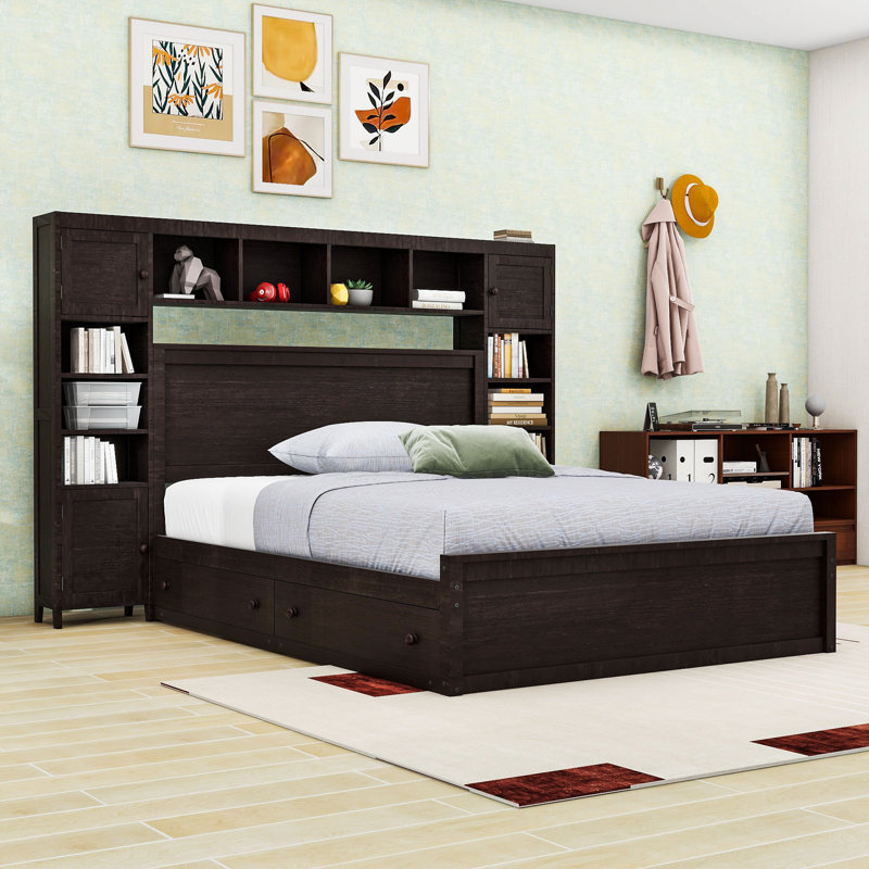 Wooden Platform Bed With 2 Drawers and Trundle and Cabinet, Queen, White, Bed, 2 drawers, trundle