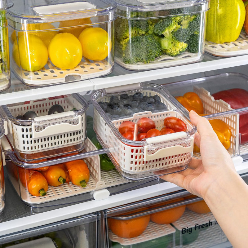 Fresh Produce Saver For Fridge + Vent, ALL IN ONE Fruit Veggie Washing Basket Container With Drain, Colander Strainer Tray , Kitchen Refrigerator Bin For Berry Vegetable Salad Keeper, Gifts