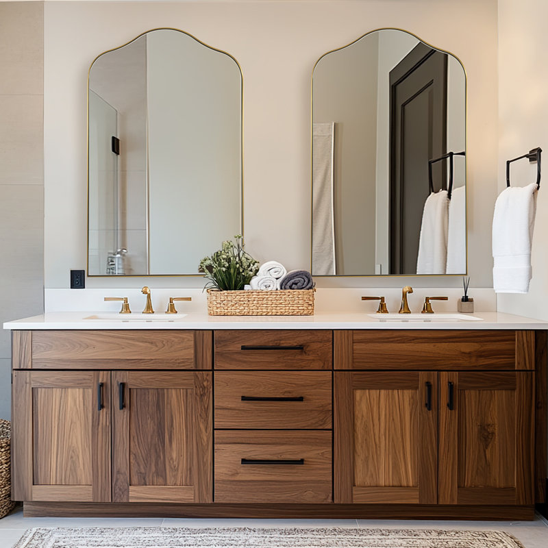 Aremi Contemporary Scalloped Arch Top Bathroom Vanity Mirror | Stainless Steel Frame, Brushed Gold, 30" x 20"