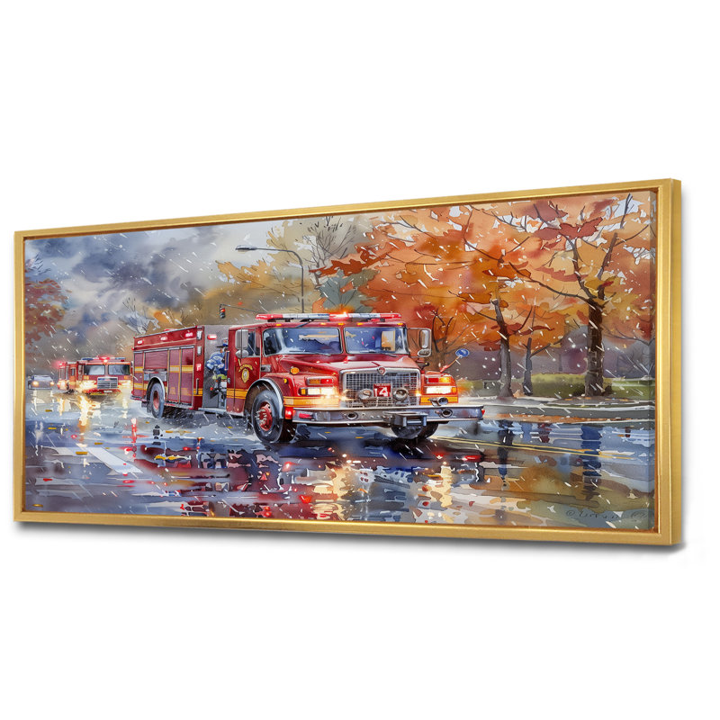 Camion de pompier rouge en automne, New York II, Toile avec cadre flottant or, H 28 po x l 60 po x P 1,5 po