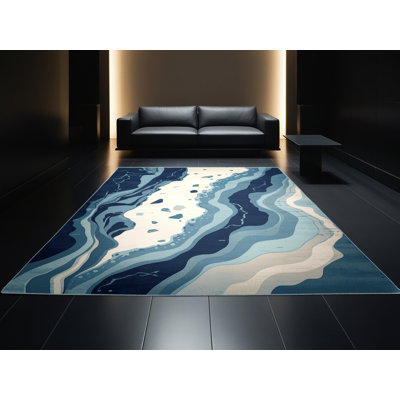 Tapis bohémien abstrait lavable à la machine en brun - reliure bleu ciel