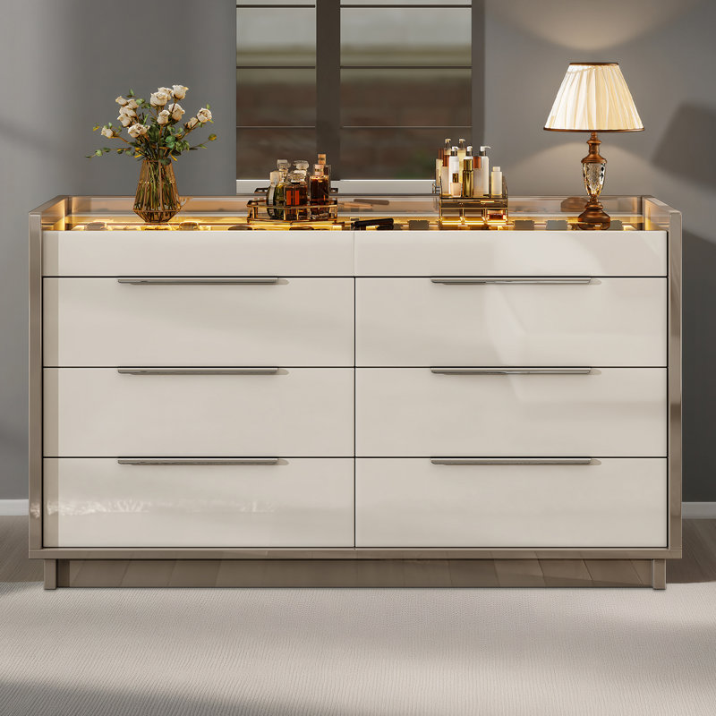 Dougal High Gloss Led Clothes Dresser, 8 Drawer Dressers With Tempered Glass Top, Gray/Cream, Gray/Cream