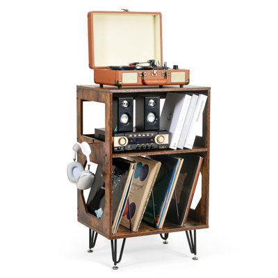 Rustic Record Player Stand, End Table With Record Storage, Vinyl Record Storage Cabinet Holder With Metal Legs, Turntable Stand Record Player Cabinet For Living Room, Bedroom, Holds 160 Albums