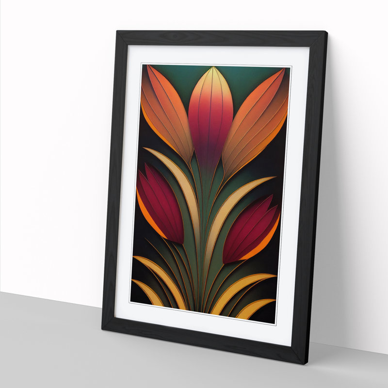 Art Deco Floral Art, 34cm H x 25cm W x 2cm D, Black Framed
