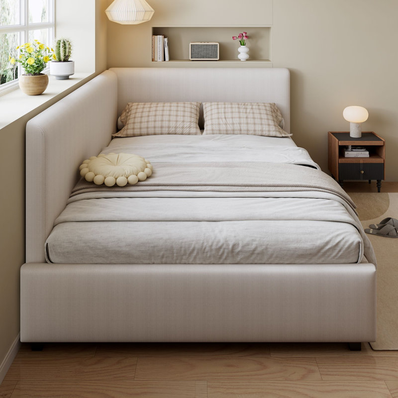 Beige Corduroy Upholstered Daybed with Secure Side Rails, Double