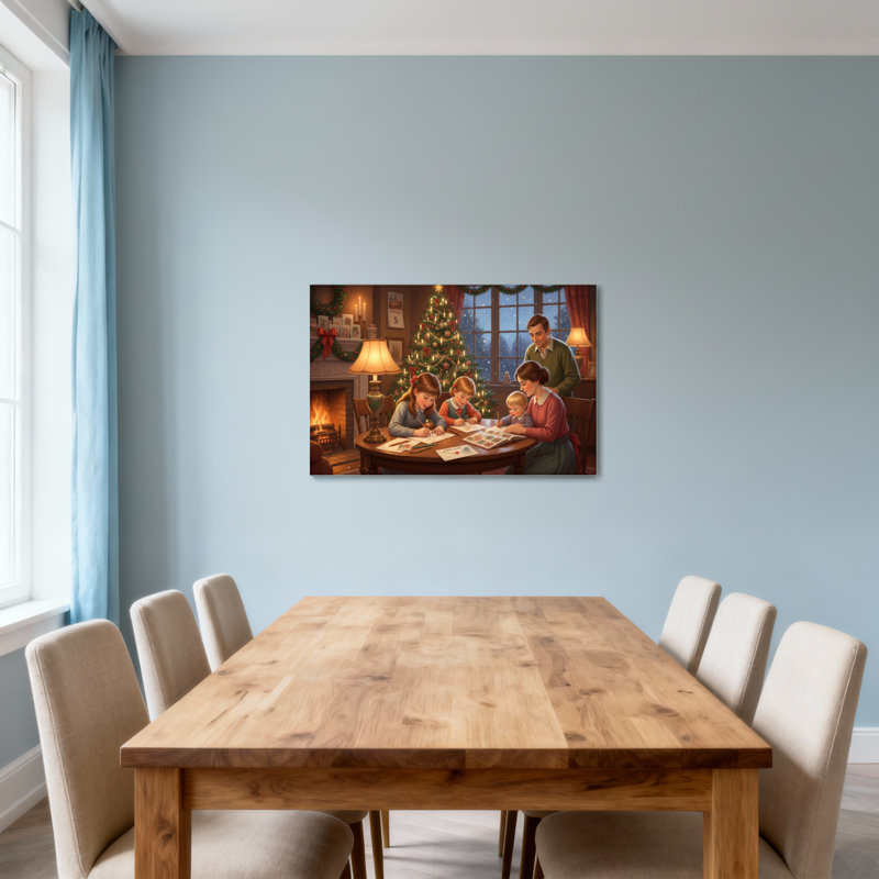 Famille de Noël se rassemblant autour d'un arbre de Noël, H 12 po x l 18 po