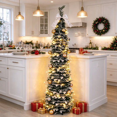 Arbre de Noël 5 pi avec 50 lumières DEL chaudes et arbre à feuilles de houx artificiel avec nœud pour décoration des Fêtes