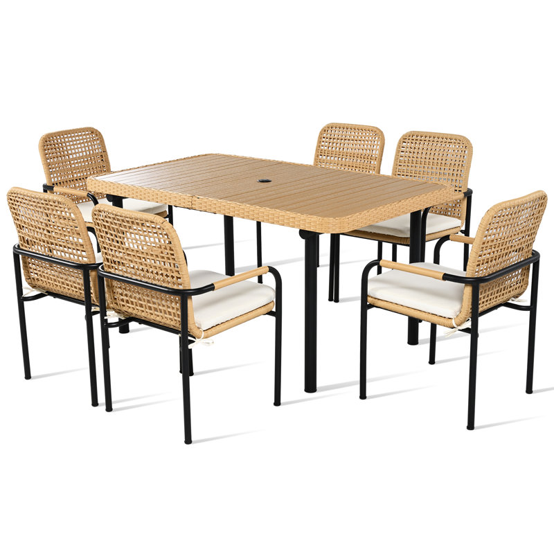 Ensemble repas 7 pièces avec chaises en rotin et table en plastique et bois pour l'extérieur