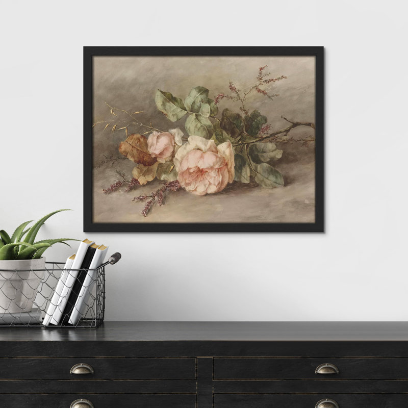 "Fleurs de jardin roses" sur papier, H 12 po x l 16 po, Noir
