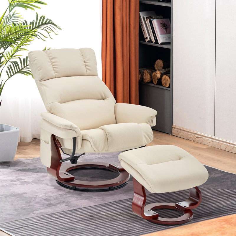 Swivel Recliners with Ottoman, Reclining TV Chairs with Vibration, Faux Leather Lounge Chair, Cream White Faux Leather