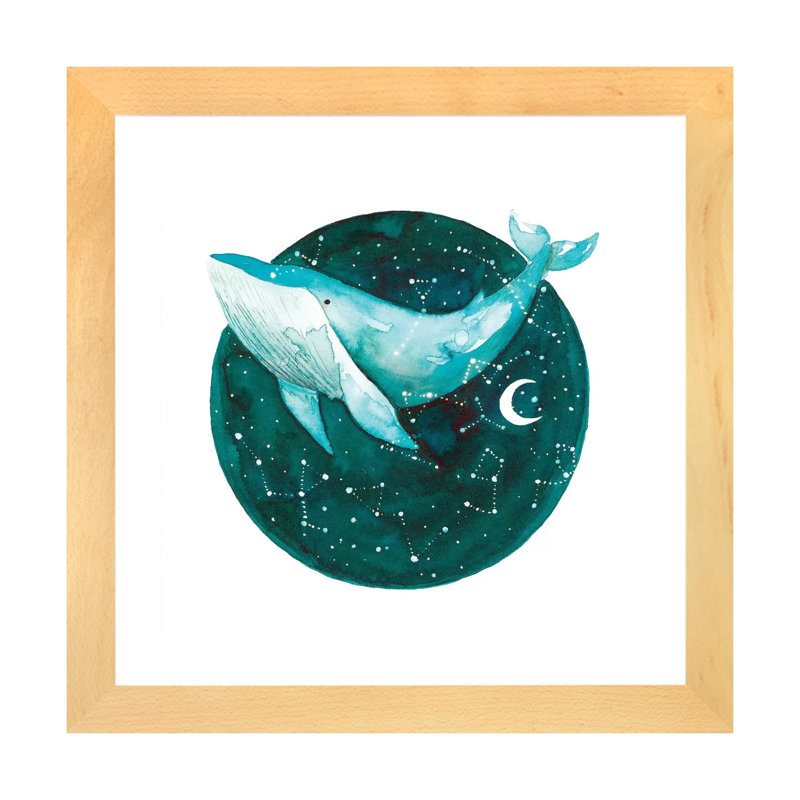 Baleine cosmique I - impression, Blanc, H 16 po x l 16 po x p 1 po, Papier avec cadre beige
