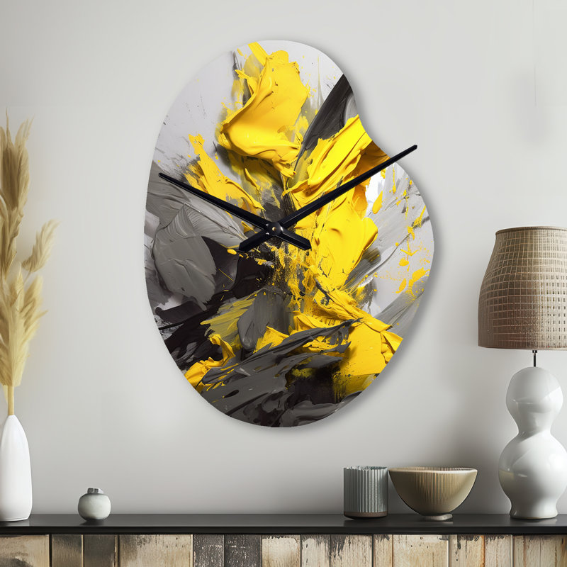 Horloge murale en forme de géométrique unique jaune et gris, tourbillon vibrant I - horloge murale asymétrique moderne, Petit