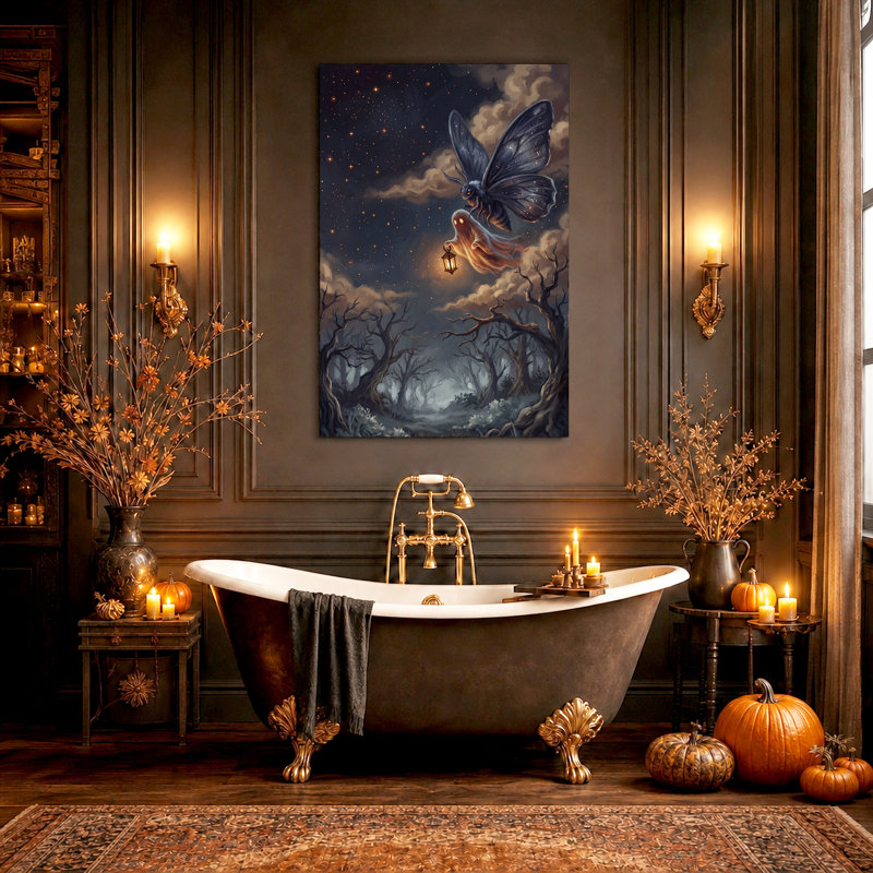 Tableau sur toile d'Halloween représentant un fantôme de lanterne et un papillon de nuit aux ailes étoilées au-dessus d'une forêt