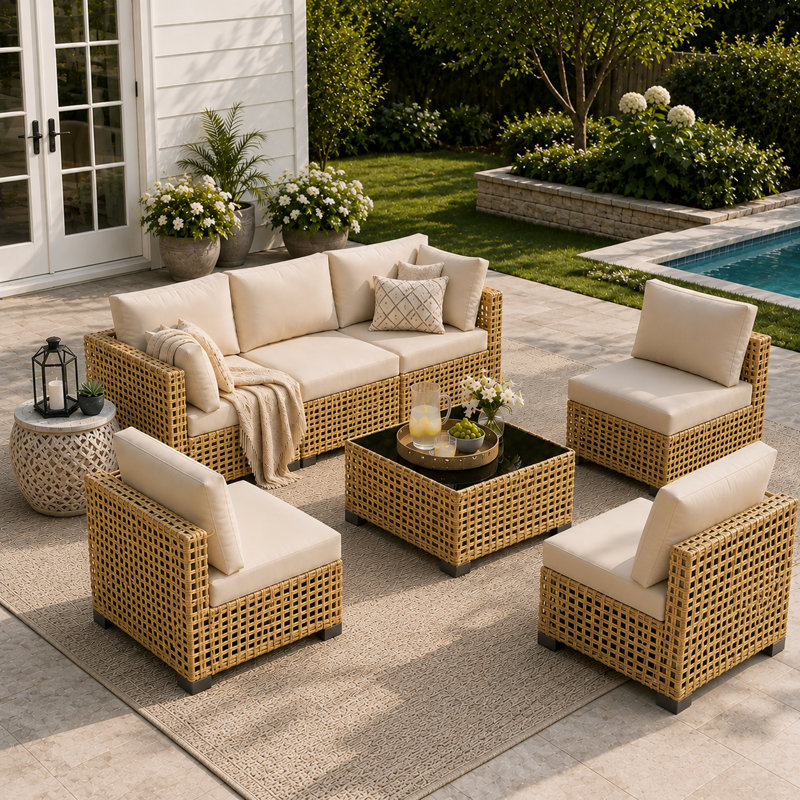 Ensemble de conversation d'extérieur modulaire en rotin 7 pièces avec coussins - jaune / beige, Yellow/Beige