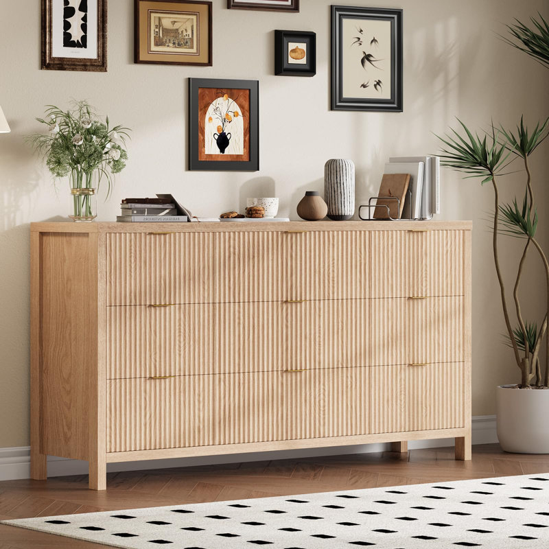 Commode cannelée en bois Mid-Century, Naturel