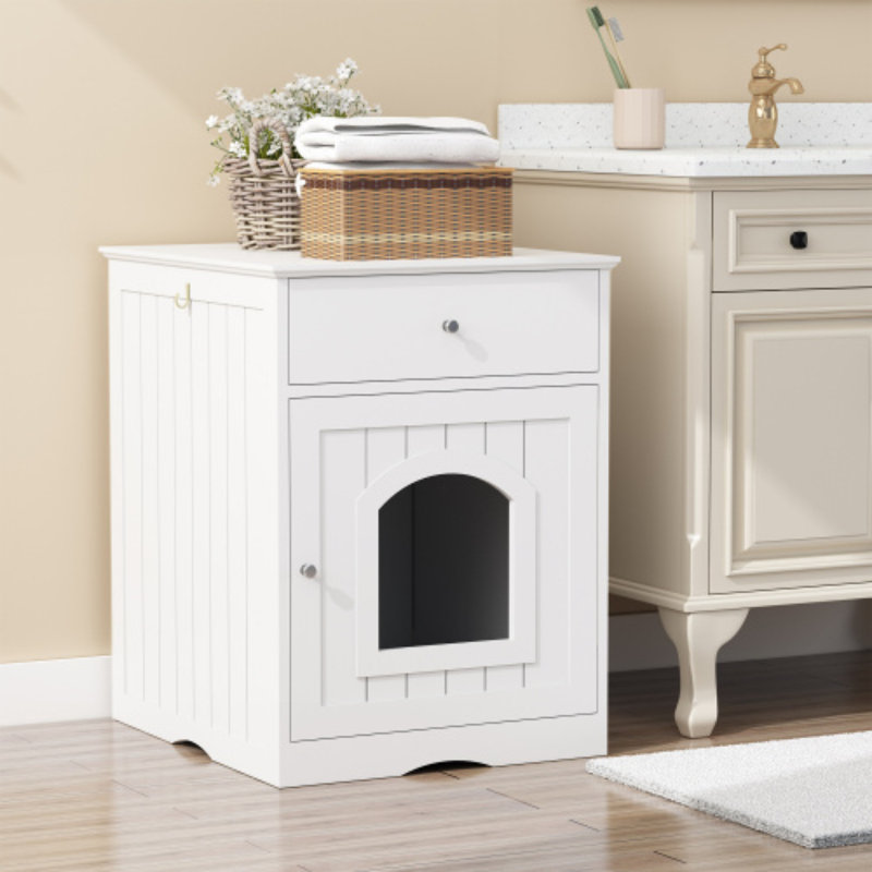 Enceinte de litière blanche en bois pour chat avec tiroir, table de chevet, maisonnette d'intérieur