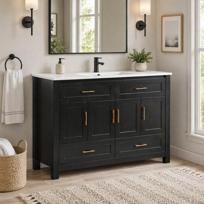 48" Black Bathroom Vanity.Abundant Storage Cabinet -4 Soft close doors and 4 drawers (excluding the ceramic basin)