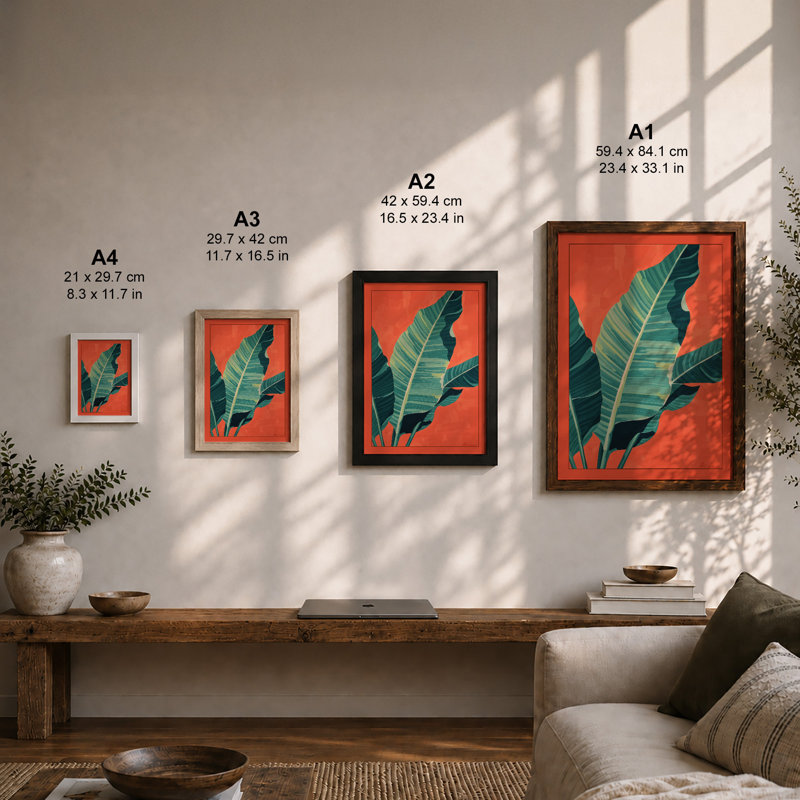 Tropical Leaves Rising Botanical - Print, Black, A4 - 29.7 x 21.0 cm