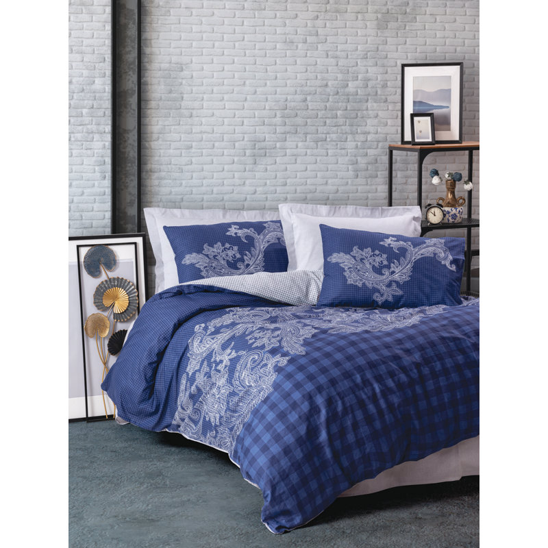 Ensemble de housse de couette 100% coton bleu foncé / blanc 4 pièces